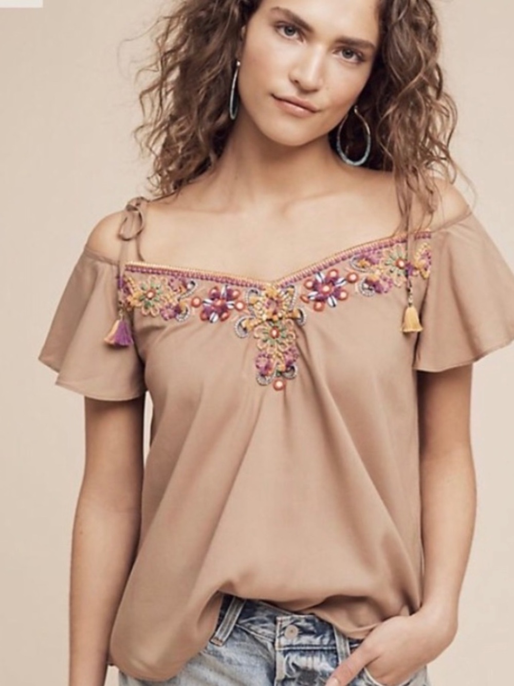 Anthropologie Bl-Nk Open Shoulder Flutter Sleeve Bead and Shell Embellished Top